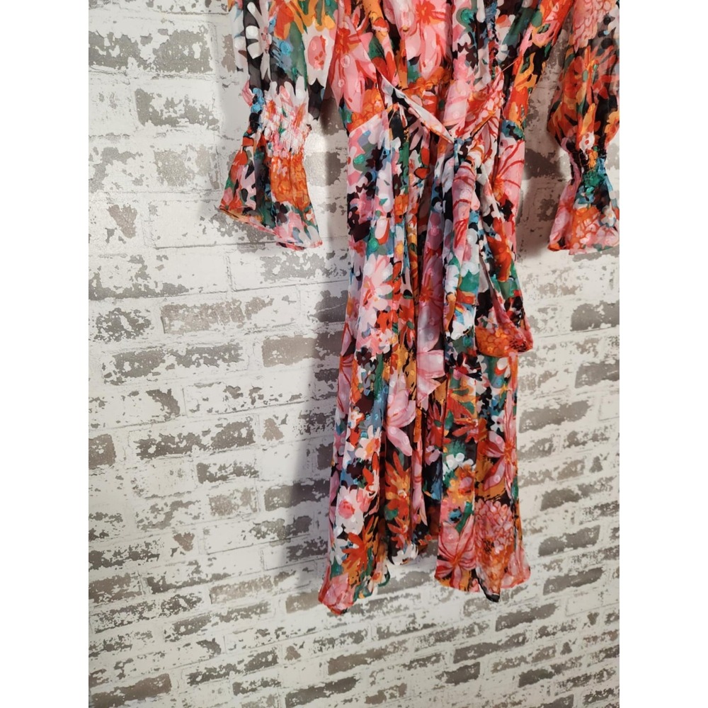 Tahari Arthur S. Levine Faux Wrap Dress Size 8 Red Pink Floral Belted 3/4 Sleeve - Picture 3 of 16